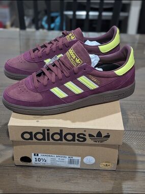 adidas Handball Spezial Sneakers in Burgundy with Neon Yellow Accents